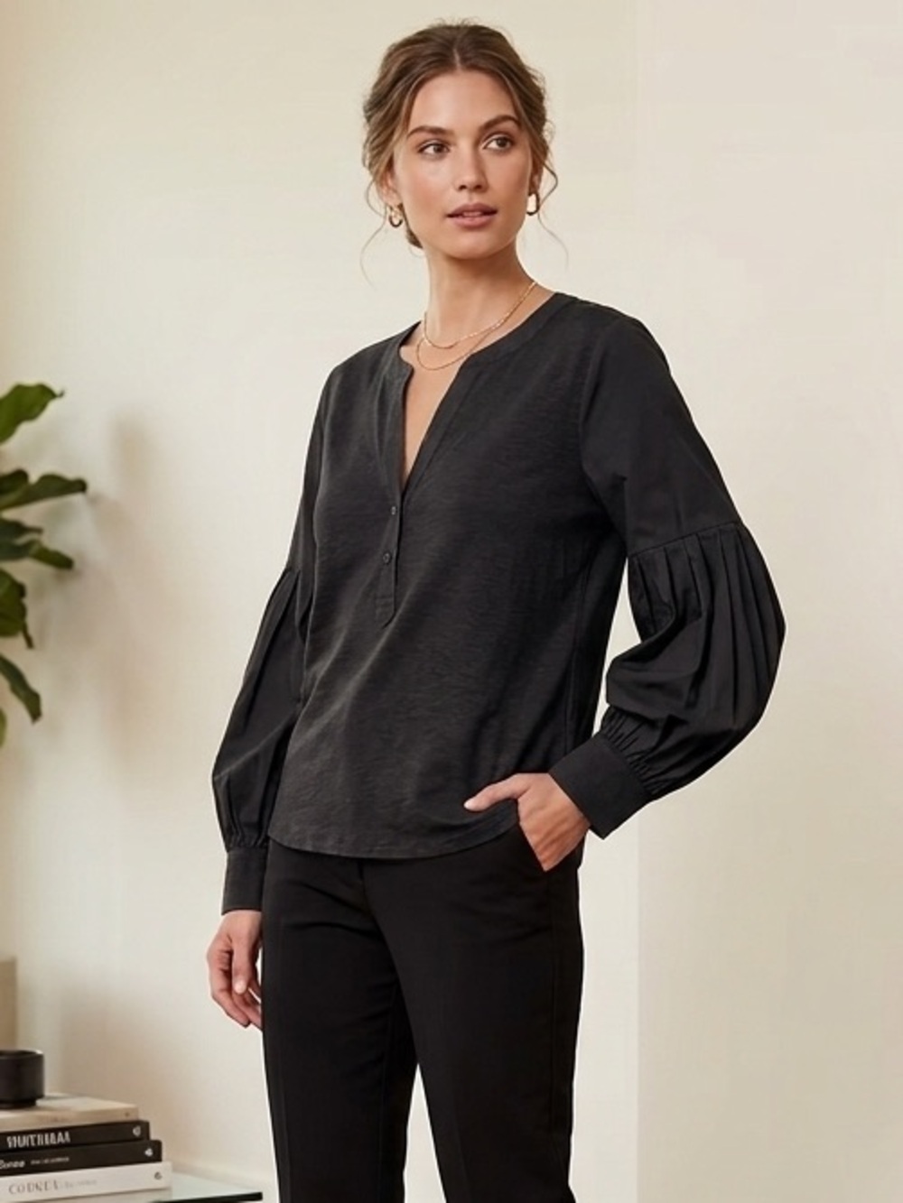 Banana Republic Black V-Neck Blouse with Pleated Balloon Sleeves